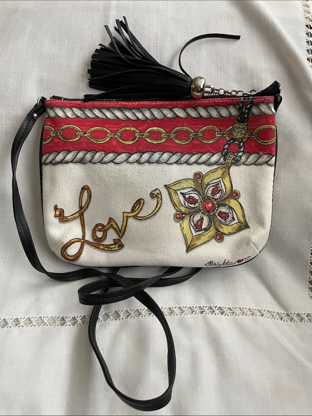 Brighton Red, White and Gold Crossbody Bag with Tassel